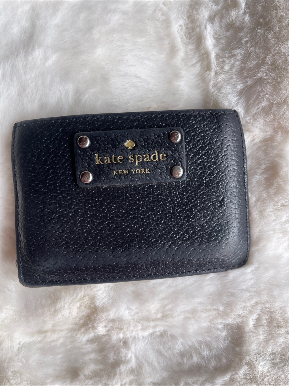 kate spade Black Pebbled Leather Bifold Wallet with Gold Plate